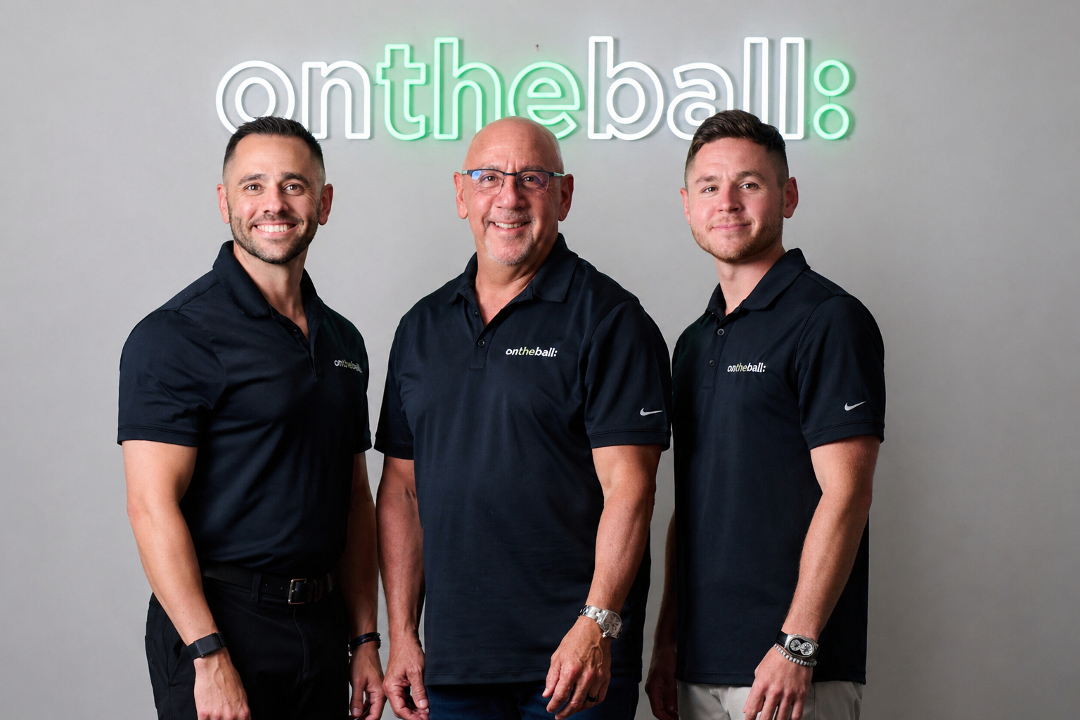 Steve, Marc and Jake Nudelberg in front of the On The Ball sign